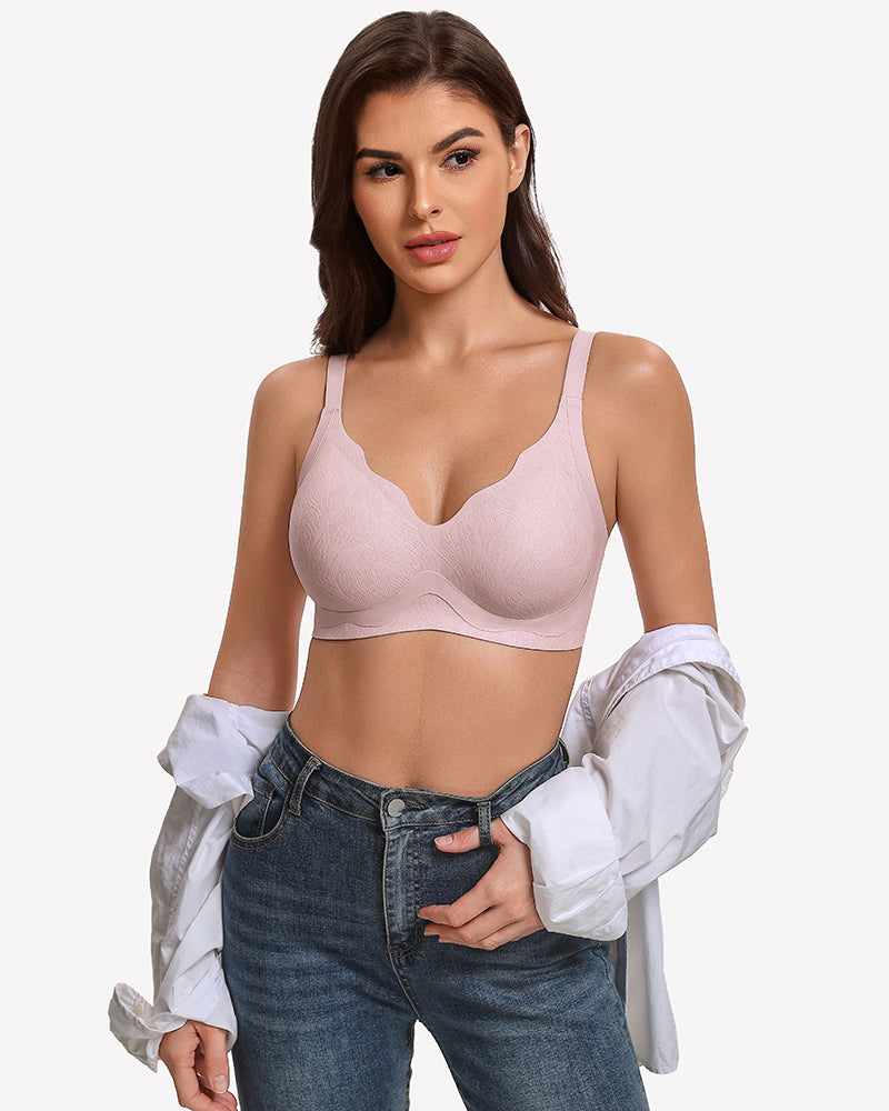 Light purple wireless seamless bra with V-neck cups and adjustable straps