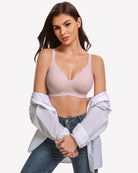 Lavender wireless seamless bra with V-neck cups and adjustable straps