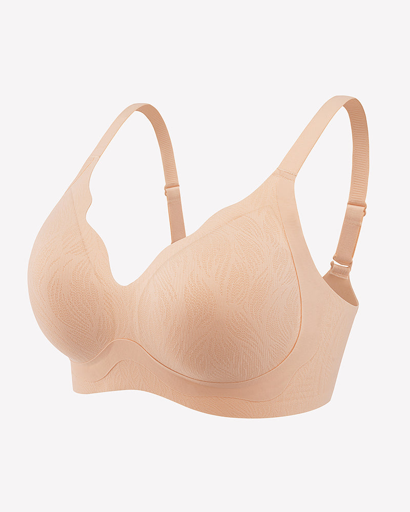 Beige wireless seamless bra with V-neck cups and adjustable straps