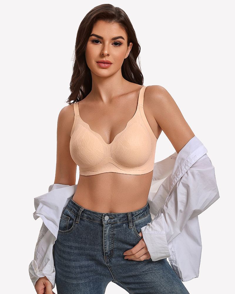 Beige nude wireless seamless bra with V-neck cups and adjustable straps