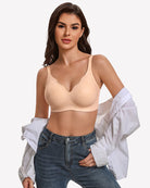 Beige nude wireless seamless bra with V-neck cups and adjustable straps