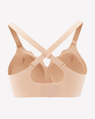 Beige wireless seamless bra with crisscross back straps and adjustable closure