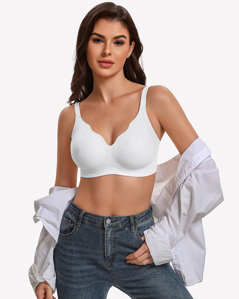 White wireless seamless bra with V-neck cups and adjustable straps