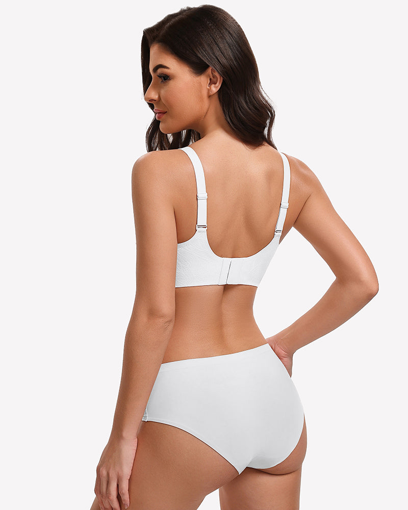 White seamless wireless bra with wide straps and back clasp detail