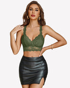 Green lace non-padded racer back bralette with scalloped V-neck hem.