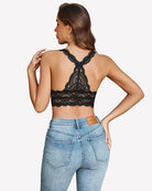 Racer back lace bralette, black back view with crisscross racer straps