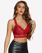 Red lace non-padded racer back bralette with scalloped V-neck hem.