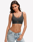 Charcoal gray mesh full coverage padded bralette with V-trim neckline and triangle cutout