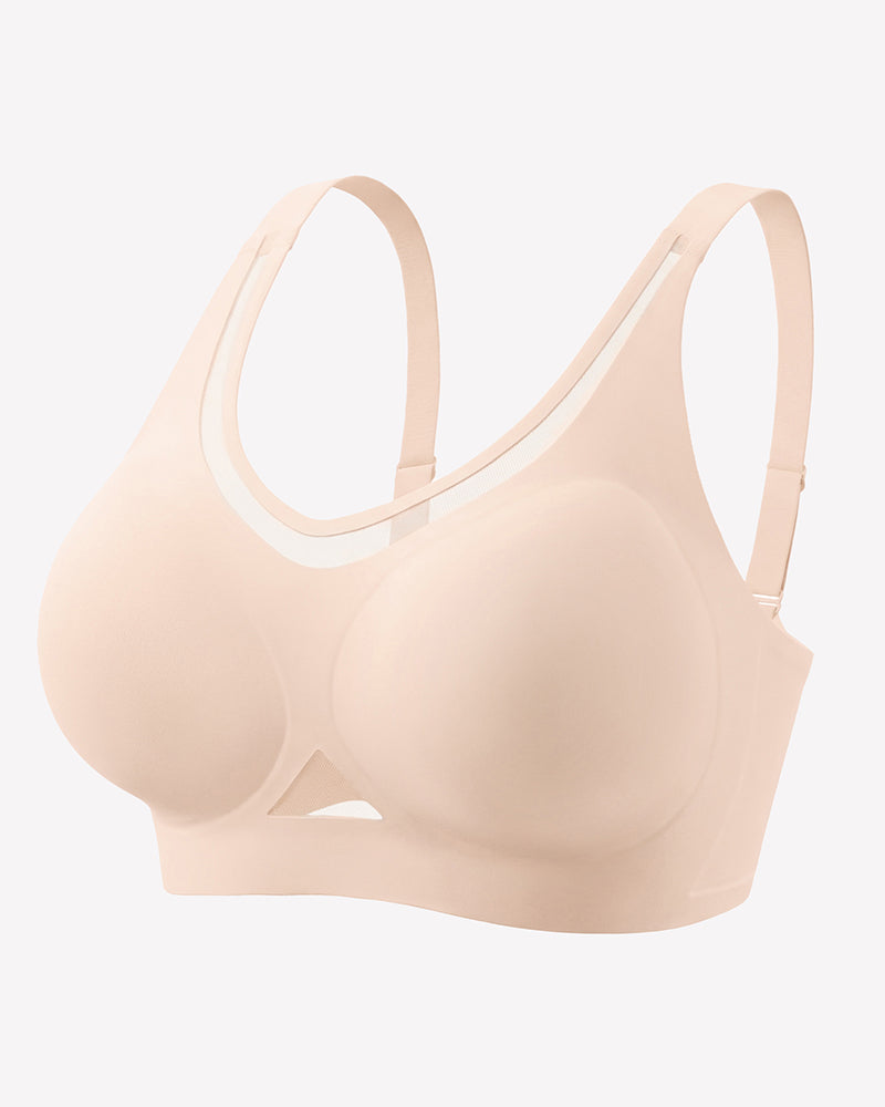 Nude mesh full coverage padded bralette side view with V-trim neckline and straps