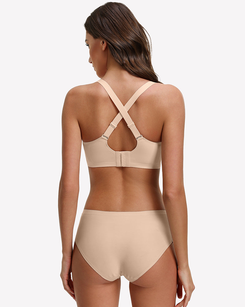 Nude padded bralette bra with mesh cups and crossed back straps