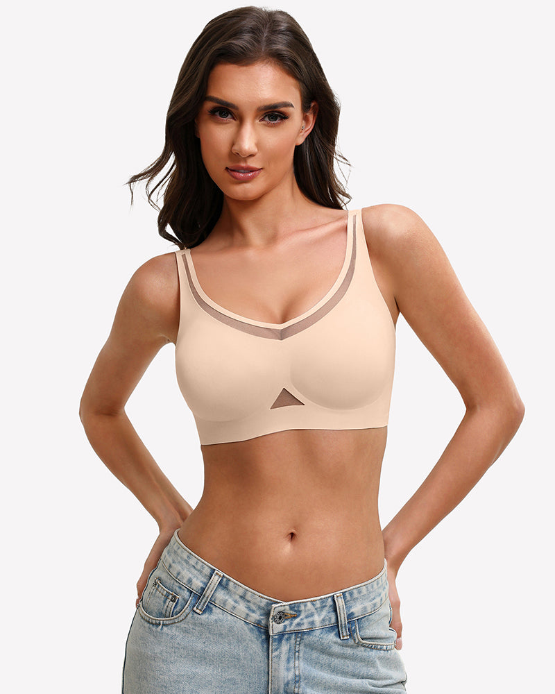 Nude mesh full coverage padded bralette with V-trim neckline and triangle cutout
