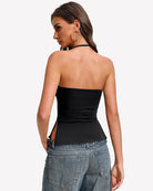 Black double-lined halter crop tank top, racerback style back view