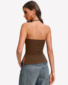 Double-lined halter crop tank top in dark brown, racerback back view