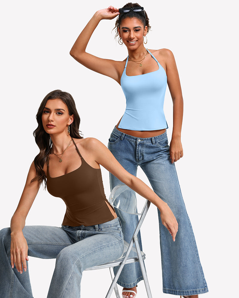 Blue and brown double-lined halter crop tank tops, model wears both