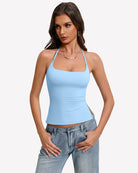 Blue double-lined halter crop tank top with square neckline
