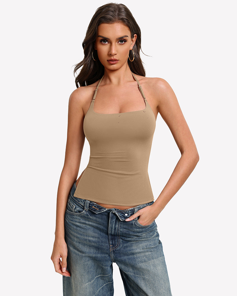 Khaki double-lined halter crop tank top with scoop neckline and ruched fit