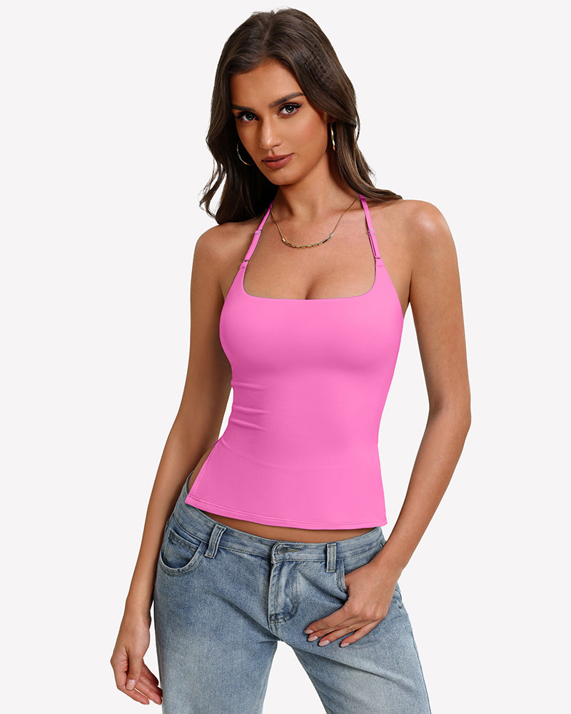 Pink double-lined halter crop tank top with thin halter straps
