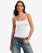 White double-lined halter crop tank top with thin straps and fitted waist