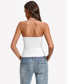 Double-lined halter crop tank top in white, open back with smooth back drape