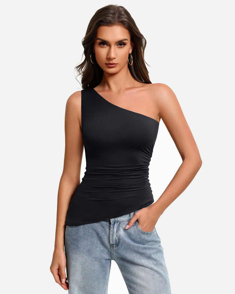 One-shoulder ruched tank top, asymmetrical neckline, black ruched sides