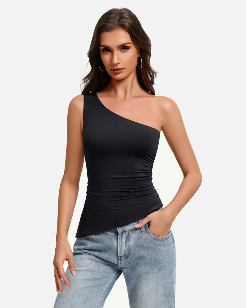 One-shoulder ruched tank top, asymmetrical neckline, black stretch fit