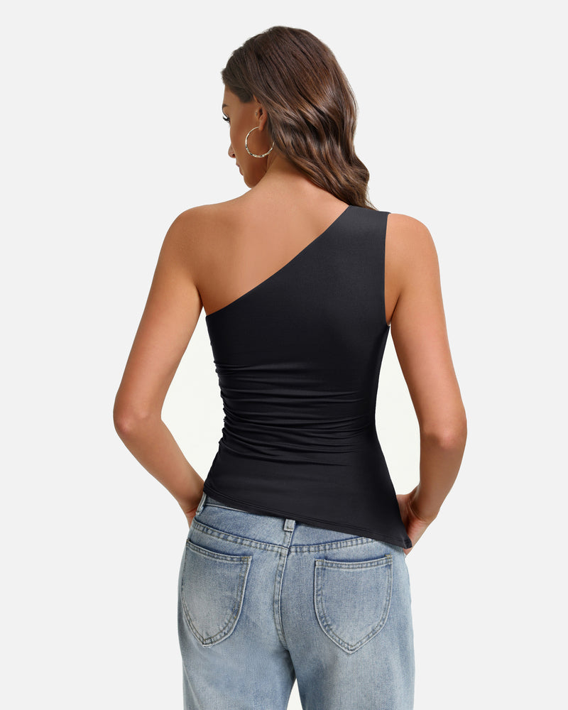 One-shoulder ruched tank top, back view, black diagonal strap and draping
