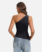 One-shoulder ruched tank top, back view, black diagonal strap and draping