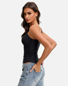 One-shoulder ruched tank top, black stretch fit, side seam ruching detail