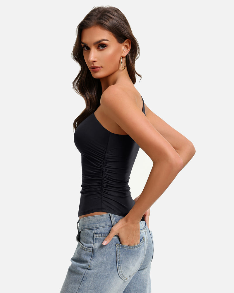 One-shoulder ruched tank top, black stretch fit, side seam ruching detail