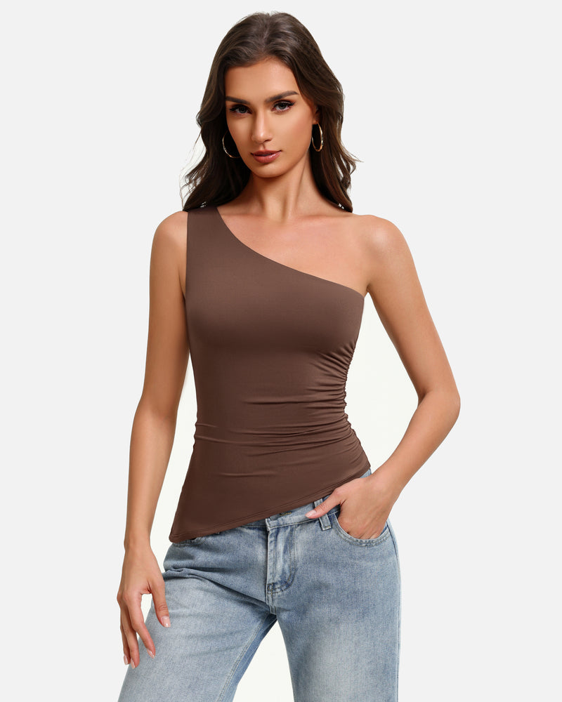 One-shoulder ruched tank top, asymmetrical neckline, brown stretch fit