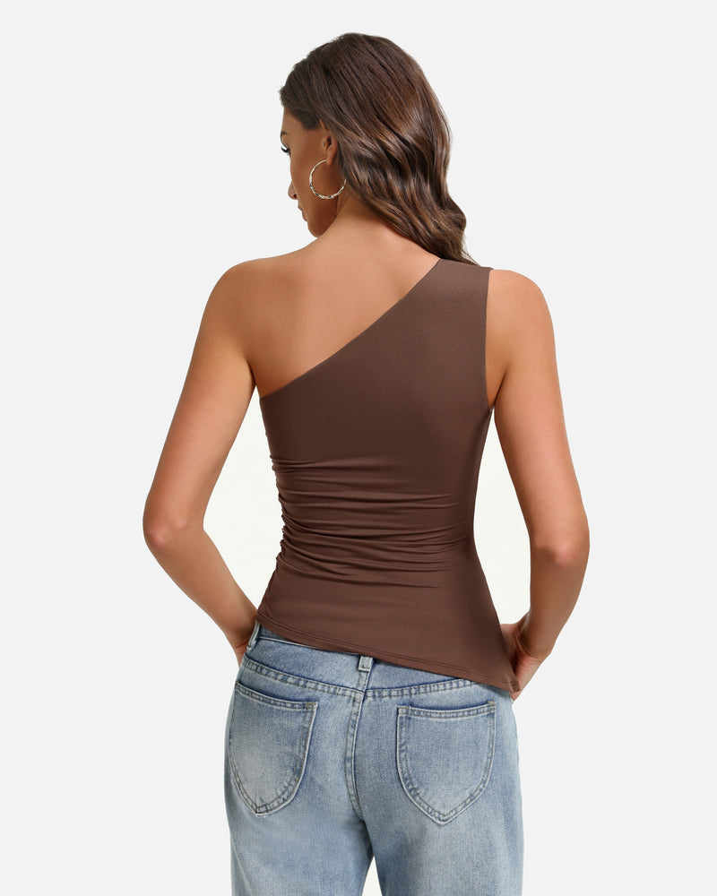 Brown one-shoulder ruched asymmetrical tank top with fitted silhouette