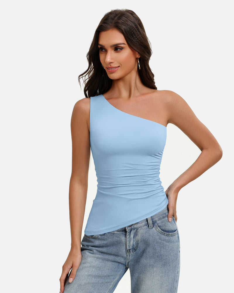 One-shoulder ruched tank top, asymmetrical neckline, light blue stretch fit