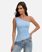 One-shoulder ruched tank top, asymmetrical neckline, light blue stretch fit