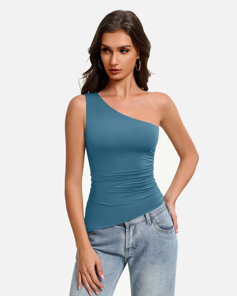 One-shoulder ruched tank top, asymmetrical neckline, blue stretch fit