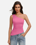 One-shoulder ruched tank top, asymmetrical neckline, pink stretch fit