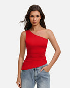 One-shoulder ruched tank top, asymmetrical neckline, red stretch fit