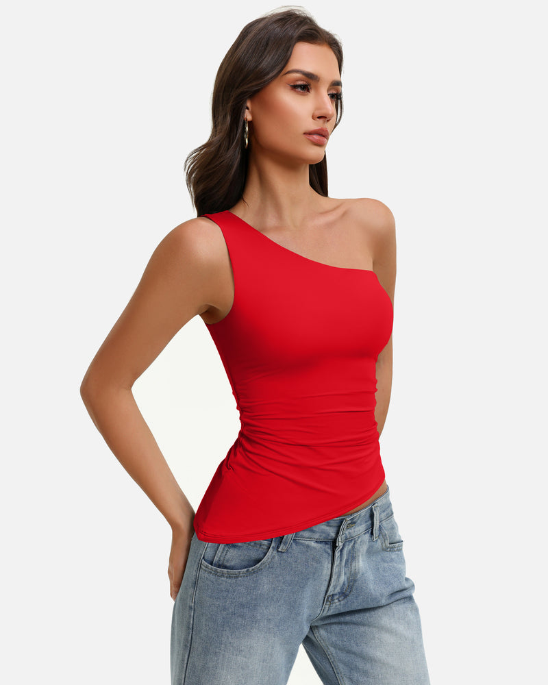 Red one-shoulder ruched asymmetrical tank top, fitted stretch style