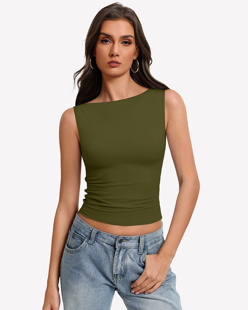 Army green boat neck sleeveless ruched going-out top, fitted stretch.