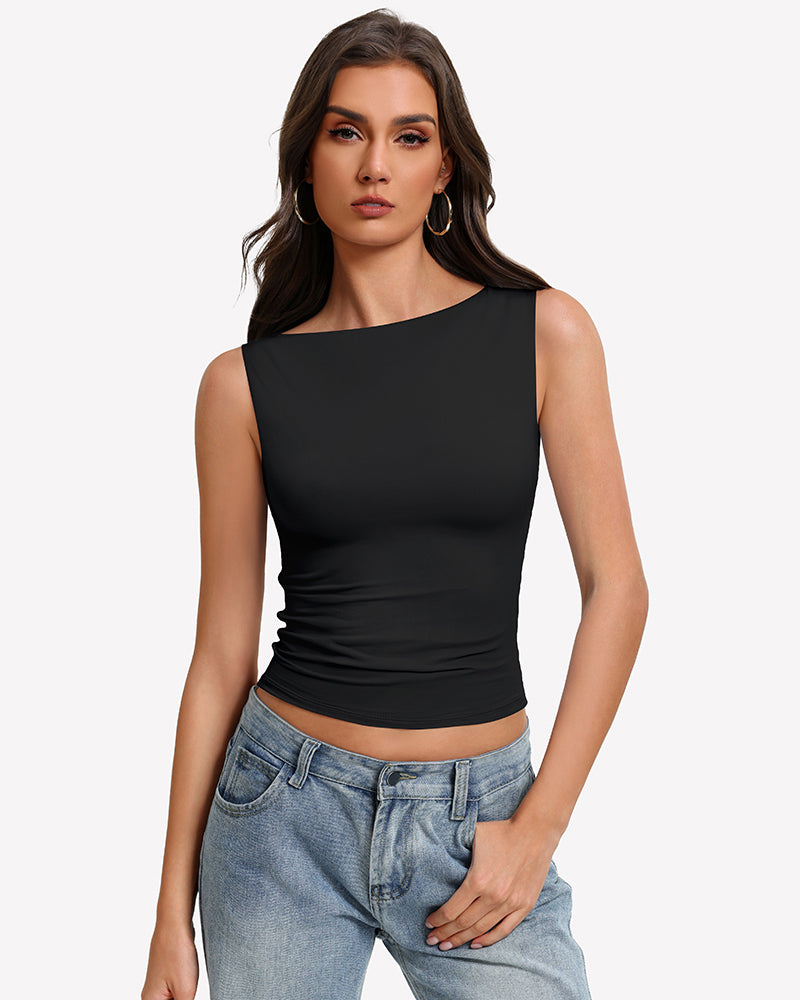 Black boat neck sleeveless ruched going-out top, fitted stretch.