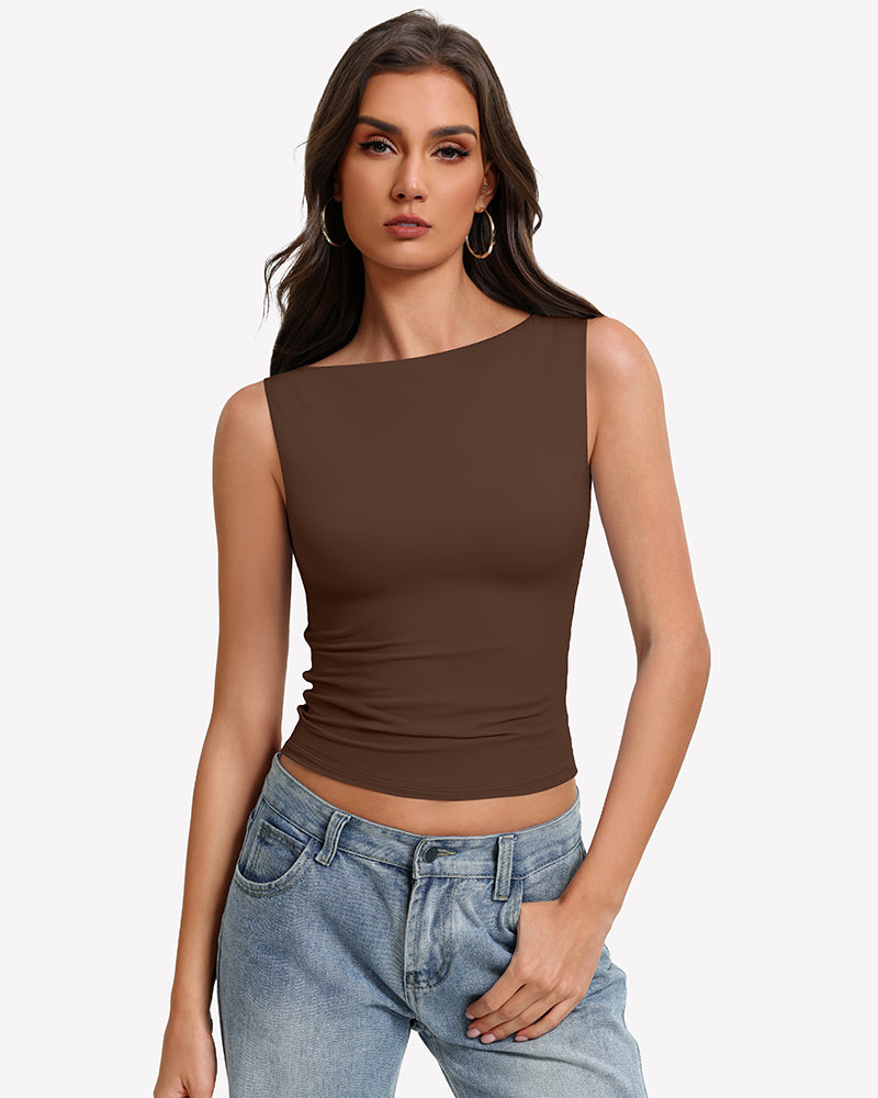 Brown boat neck sleeveless ruched going-out top, fitted stretch.