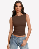 Brown boat neck sleeveless ruched going-out top, fitted stretch.