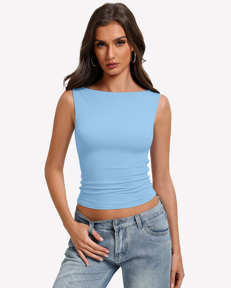 Light blue boat neck sleeveless ruched going-out top, fitted stretch.