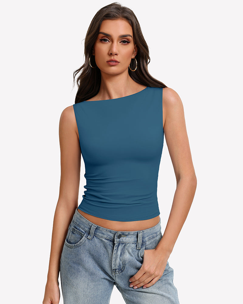 Blue-green boat neck sleeveless ruched going-out top, fitted stretch.
