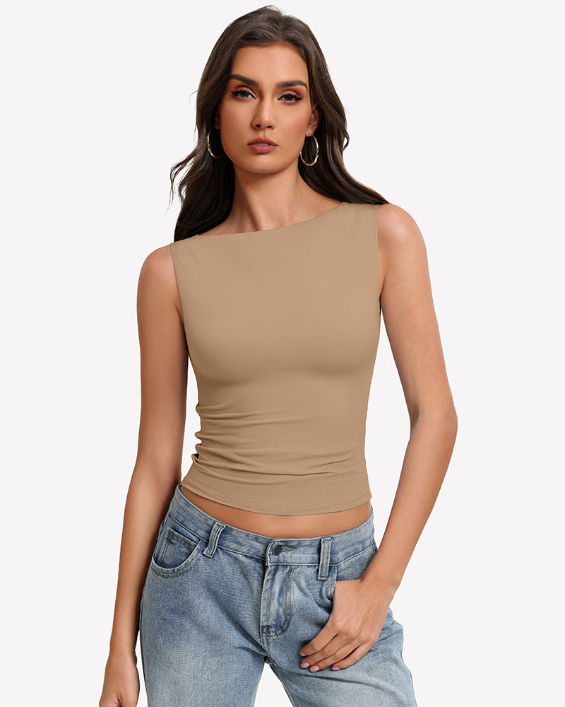Khaki boat neck sleeveless ruched going-out top, fitted stretch.