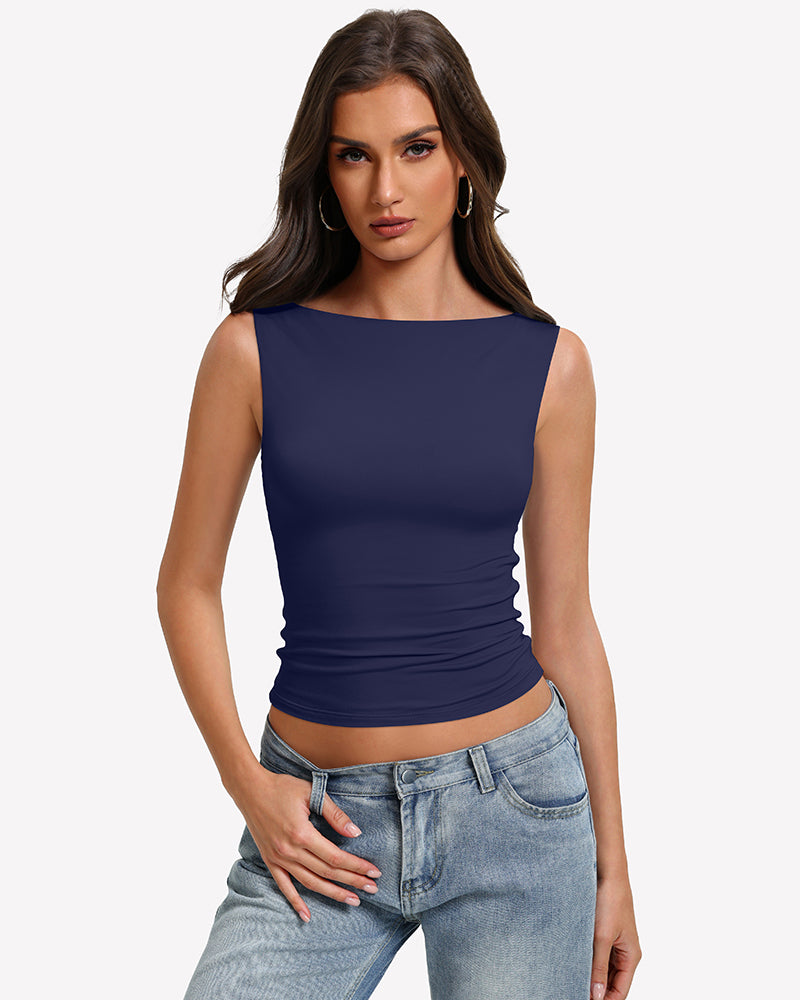 Navy blue boat neck sleeveless ruched going-out top, fitted stretch.