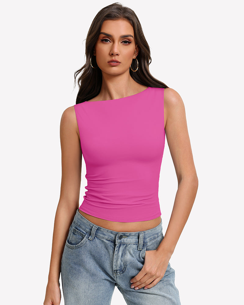 Pink boat neck sleeveless ruched going-out top, fitted stretch.