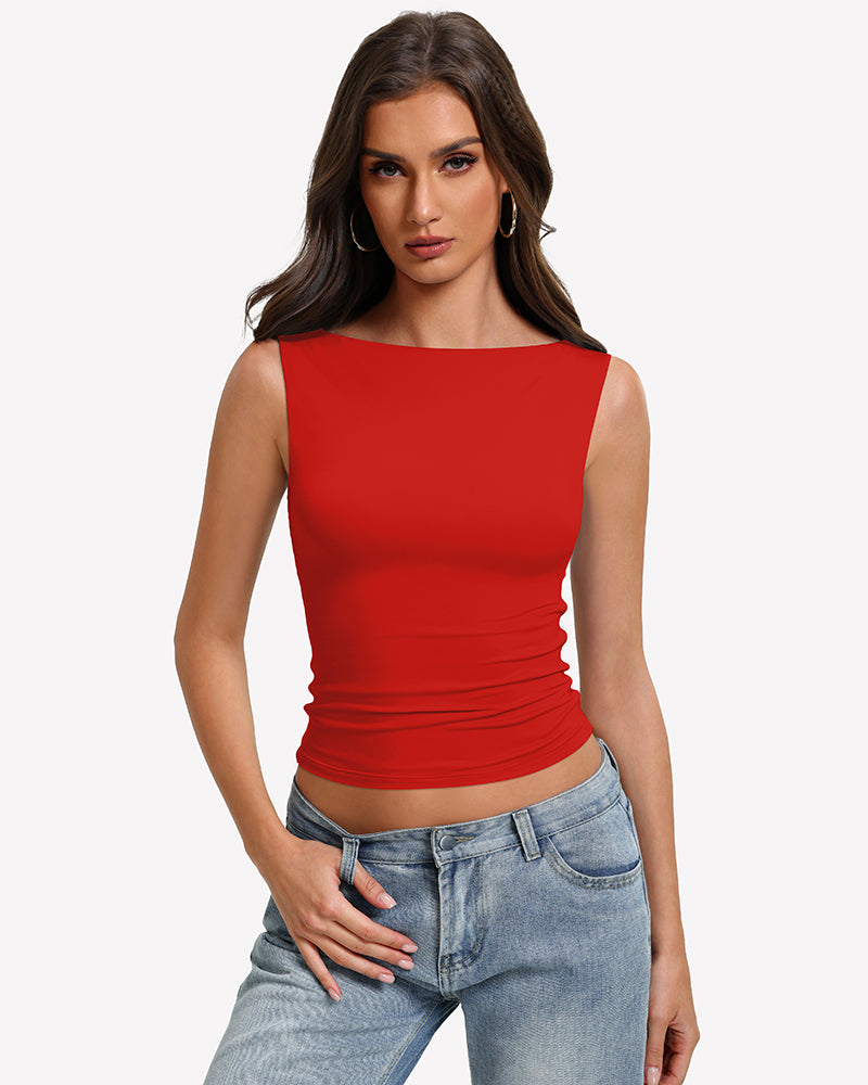 Red boat neck sleeveless ruched going-out top, fitted stretch.