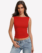 Red boat neck sleeveless ruched going-out top, fitted stretch.