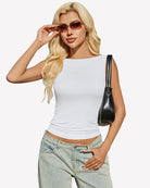 White boat neck sleeveless ruched going-out top, fitted stretch.