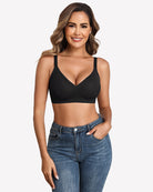 Seamless no-wire padded bra in black with V-neck and adjustable straps